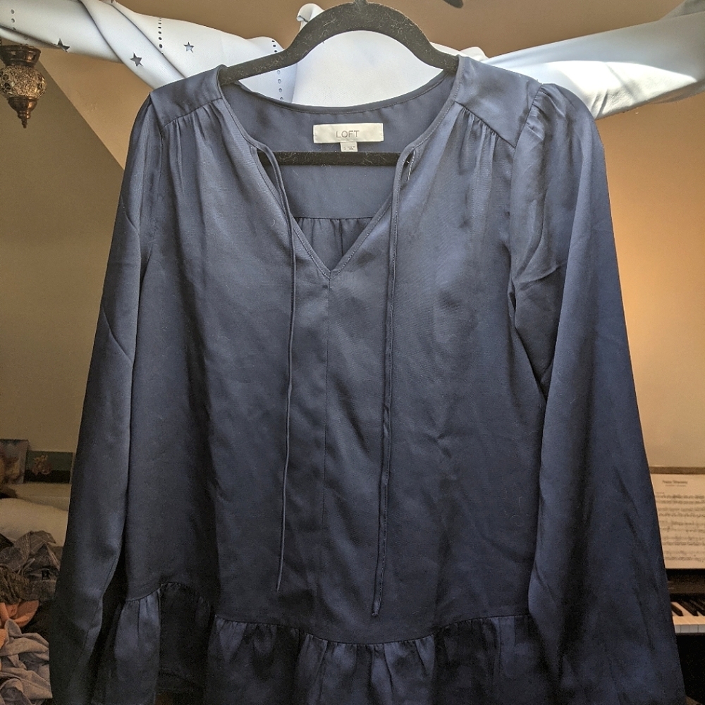 Loft Satin Tie-Neck Puff Sleeve Navy Pirate Blouse